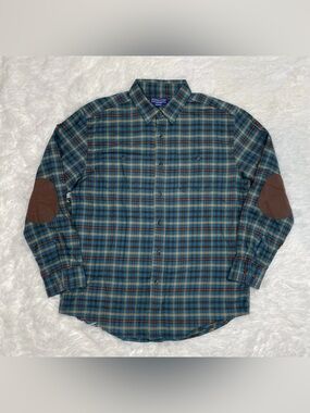 Pendleton Men’s Size L Large Plaid Button Up Shirt Elbow Patches Western Blue